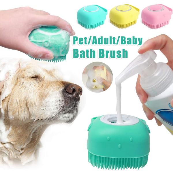 Silicone Pet Bath Massage Brush with Shampoo Dispenser, Dog Cat Grooming Tool, Green