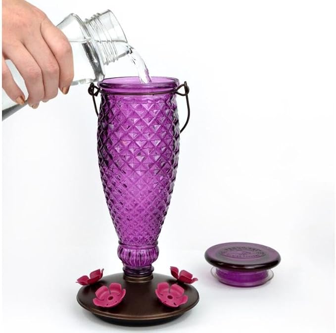 Perky-Pet Diamond Wine Top Fill Glass Hummingbird Feeder with Built-in Bee Guards - Outdoor Garden Décor - 24 Oz Nectar Capacity - 9102-1SR - Purple Humming bird Feeder - Easy to Fill, Easy to Clean