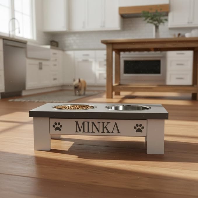 GTW Classic Elevated Dog Feeder – Wooden Elevated Stand with Stainless Steel Bowls, Anti-Slip Farmhouse Design (X-Small, Grey)