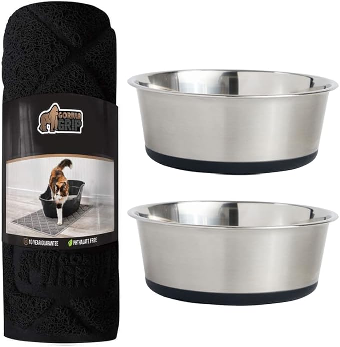 Gorilla Grip Thick Cat Litter Trapping Mat and Stainless Steel Dog Bowls Set of 2, Cat Mat is 35x23 Inch, Stainless Steel Dog Bowls Hold 2 Cups, Both in Black Color, 2 Item Bundle