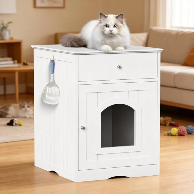 Wooden Pet House Cat Litter Box Enclosure with Drawer, Side Table, Indoor Pet Crate, Cat Home Nightstand (White)