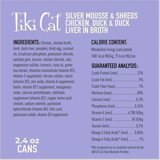 Variety Pack of Tiki-Cat Silver Canned Cat Food for Seniors in 3 Flavors: 4 Chicken/Duck Mousse & Shreds, 4 Tuna/Mackerel and 4 Chicken in Chicken Broth (12 Cans Total, 2.4 Oz Each) Plus Silicone Lid