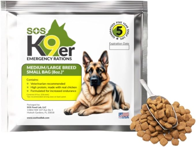 SOS Food Lab Emergency Dog Food Ration (8 Oz) - Pet Food Contains High Protein Chicken for Any Size Dog Breed - Ready to Eat Dry or Add Water - 5 Year Shelf Life - Formulated for Increased Endurance