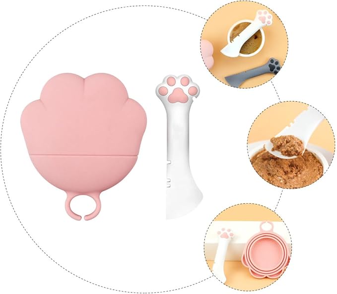 Lurrose Multifunctional Pet Can Spoon and Plastic Seal Lid Set, White Spoon with Pink Cover, Manual Pet Tin Opener for Dog Food Storage and Feeding Supplies