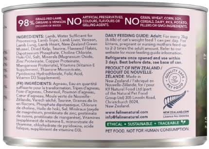Feline Natural New Zealand Canned Wet Food, High-Meat, Low-Carb, & Grain Free Cat Food Wet, Lamb and Venison, 6 oz, Pack of 12