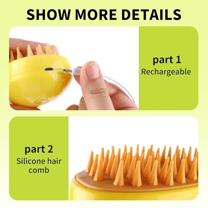Steamy Mango 3-in-1 Steam Grooming Brush, Eliminates Flying & Tangled Hair, Water Spray for Cats & Dogs, Shedding & Massage Tool