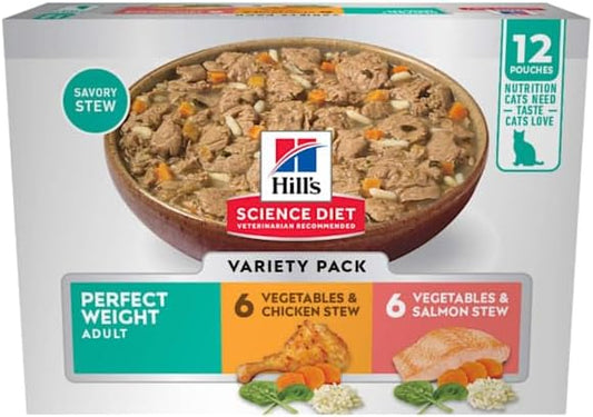 Hill's Science Diet, Perfect Weight Pouch Chicken & Salmon Stew Wet Cat Food Variety Pack, 2.8 Ounce, 12 Pack