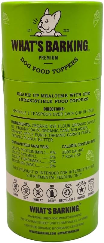 What's Barking Shakers Meal Toppers, Dog Treat Crumbles for Food Topping, Pet Essentials, Shake & Pour Topper for Kibble or Wet Food, Made in USA, Shaker Tube, Apple Crumble Flavor, 5 oz