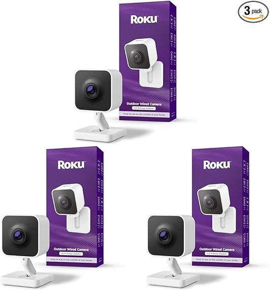 Roku Outdoor Camera - Home Security - IP65 Weather Resistant Wired Security Camera & Pet Monitor with 1080p HD Night Vision, Compatible with Alexa & Google, WDR, Motion & Sound Detection (Pack of 3)