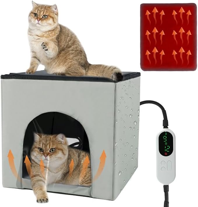 Heated Cat House, Heating Cat Houses for Indoor Outdoor Kitty with Heating Pad, Foldable Heated Kitty House Cat Shelter for Your Pet to Stay Warm and Cozy