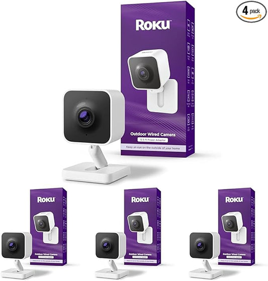Roku Outdoor Camera - Home Security - IP65 Weather Resistant Wired Security Camera & Pet Monitor with 1080p HD Night Vision, Compatible with Alexa & Google, WDR, Motion & Sound Detection (Pack of 4)