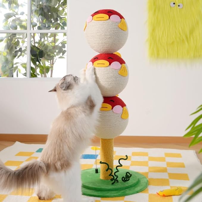 Cute Puffer Fish Cat Scratching Post – 3-Tier Climbing Tower with Sisal Rope, Flannel Base & Interactive Toy – Vertical Cat Tree Furniture for Indoor Cats & Kittens
