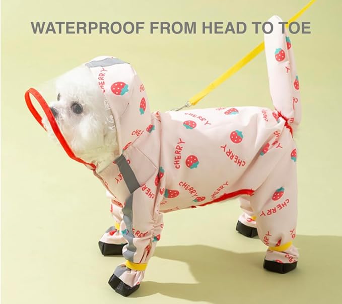 Waterproof Dog Raincoat,Full Coverage 4 Legs Dog Rain Jacket for Small Dogs,Pet Rain Coat with Hood,Reflective Strips&Leash Hole Outdoor Raincoat (Medium（for Weight 5.1-8.1 lb）, Strawberry)