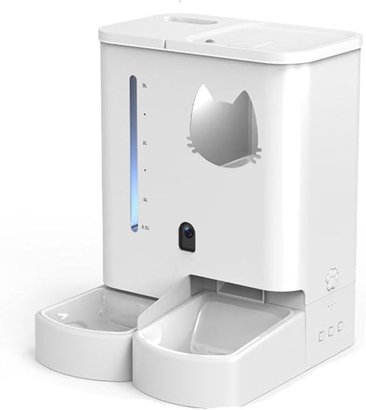 Smart Automatic Pet Feeder with Camera and Two-Way Audio, 5L Food & 4L Water Dispenser for Dogs and Cats, Dual Power Supply, Motion Sensor Light, Travel Pet Carepet feede (White (Video Version))
