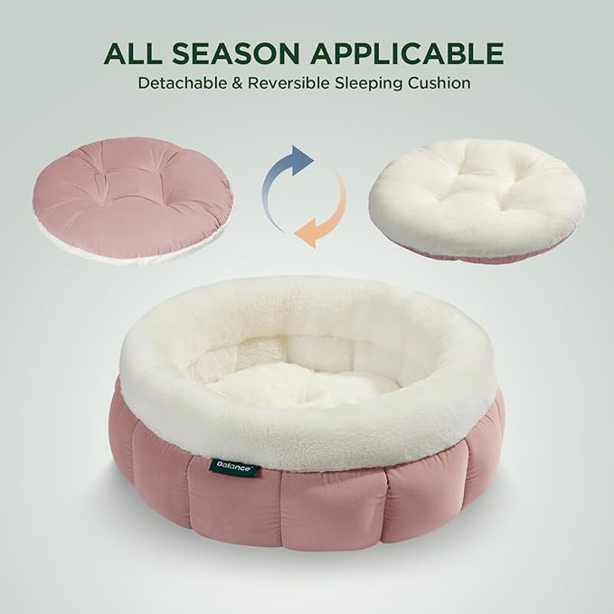 BALANCE Cat Beds for Indoor Cats, Washable Round Cat Bed, Cute Kitten Bed with Anti-Slip Bottom for Kitty and Puppy, 23 Inches, Mellow Rose