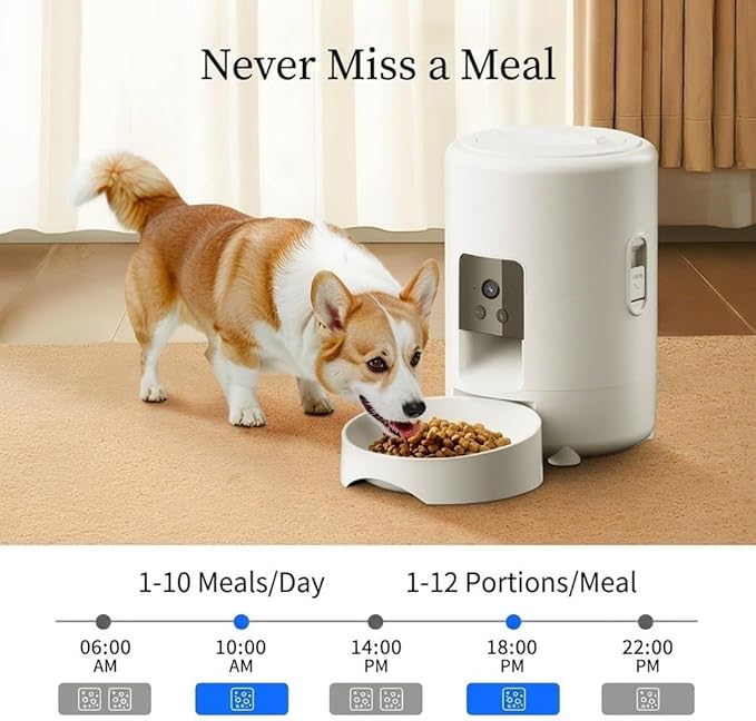 2L Smart Automatic Pet Feeder with HD Video Camera and Two-Way Audio, 2.4GHz WiFi App Control Dog and Cat Food Dispenser with Anti-Sticking Design, Dual Power Supply (White (Video Version))