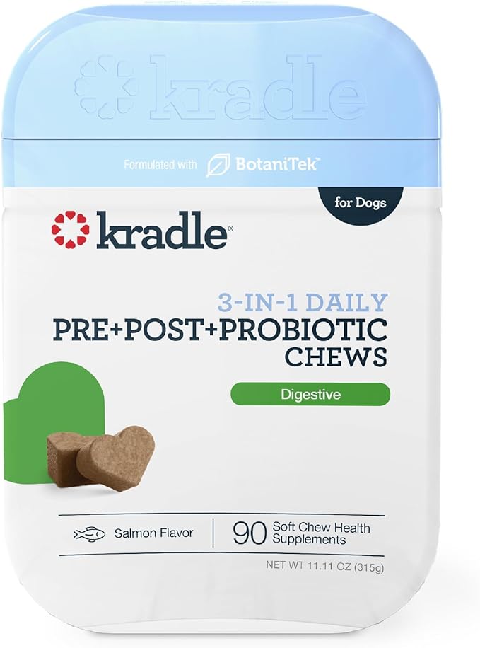 Kradle Probiotic Chews for Dogs - 3-in-1 with Prebiotic Postbiotic Digestive Support - Support Gut Health for Dogs with Occasional Diarrhea Salmon Flavor - 90 Chews