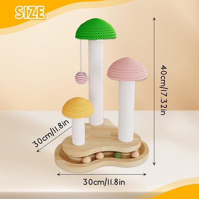 Cat Scratching Post,Mushroom Forest Cat Scratcher with Natural Sisal&Hanging Toy Ball-Durable Kitten Supplies & Adult Cat Furniture Protector(11.80"×11.80"×17.32")