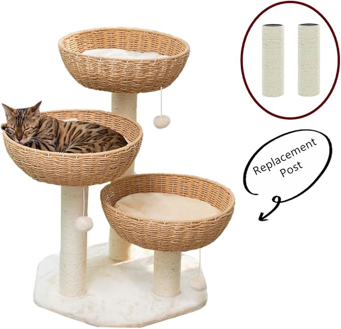 SHENGOCASE 2-Pack 7.87" L, 3.15" Ø Cat Tree Replacement Post for Cat Tree with 3 Handwoven Basket Bed, Tower Accessories Replacement Pole