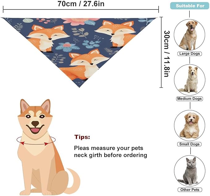 Dog Bandana Spring Pet Scarf Adjustable Triangle Cute Animal Fox Flower Printing Dog Bib Washable Polyester Puppy Bandana for Small Medium Large Dogs Cat Birthday Party Supplies