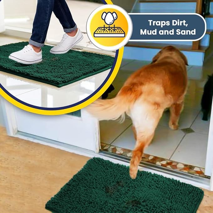 Muddy Mat® | Super Absorbent Door Mat Indoor, Microfiber Quick Dry Chenille Entryway Rug, Non-Slip Front Door Mat, Indoor Mats for Entryway, Machine Washable Pet Rug, Dark Green 24" x 96"
