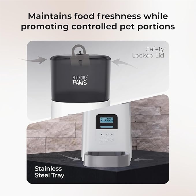 Penthouse Paws Automatic Cat Feeder 6L, Programmable Dry Food Dispenser with LCD Screen, Stainless Steel Bowl, Anti-Jam Design, Voice Recording, Battery Backup, Up to 15 Meals for Cat & Dog, White