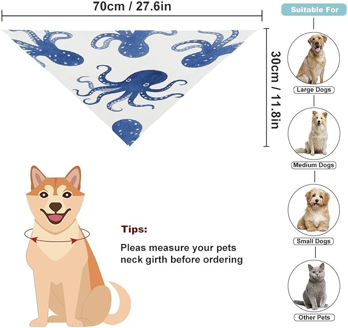 Dog Bandana Spring Pet Scarf Adjustable Triangle Blue Octopus Printing Dog Bib Washable Polyester Puppy Bandana for Small Medium Large Dogs Cat Birthday Party Supplies
