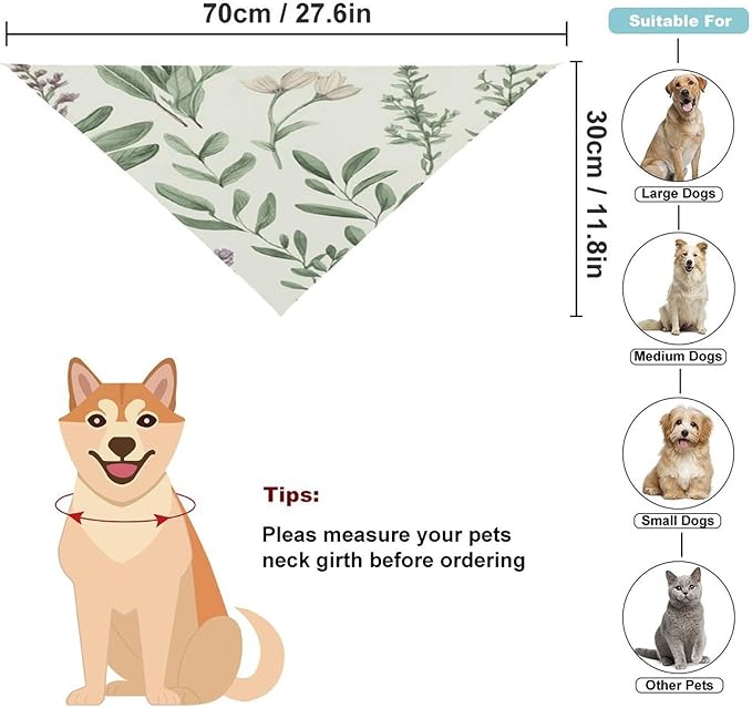 Dog Bandana Spring Pet Scarf Adjustable Triangle Green Flower Herb Sage Leaves and Branches Printing Dog Bib Washable Polyester Puppy Bandana for Small Medium Large Dogs Cat Birthday Party Supplies