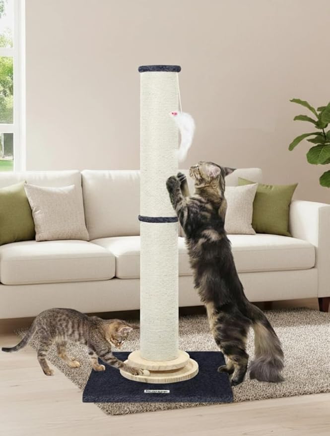 Globlazer Extra Thick Large Scratching Post for Indoor Cats Adults and Kittens, 35in Tall Natural Sisal Rope Scratcher Post, Large Cat Scratcher with Ball Interactive Toy, SC35, Dark Grey