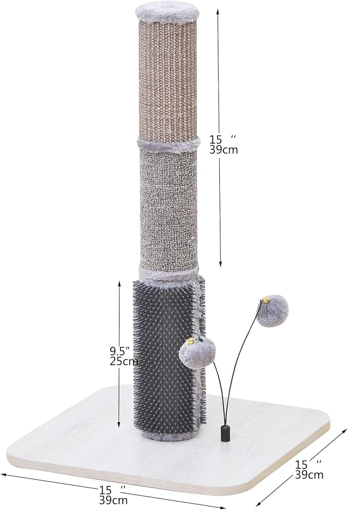 PetPals 25" Tall Sisal Carpet Scratching Post with Self-Grooming Massager, 3 in 1 Cat Scratching Post with Full Body Self Cleaning Brush, for Kitten and Adult Cats, 2 Fluffy Toys, Grey