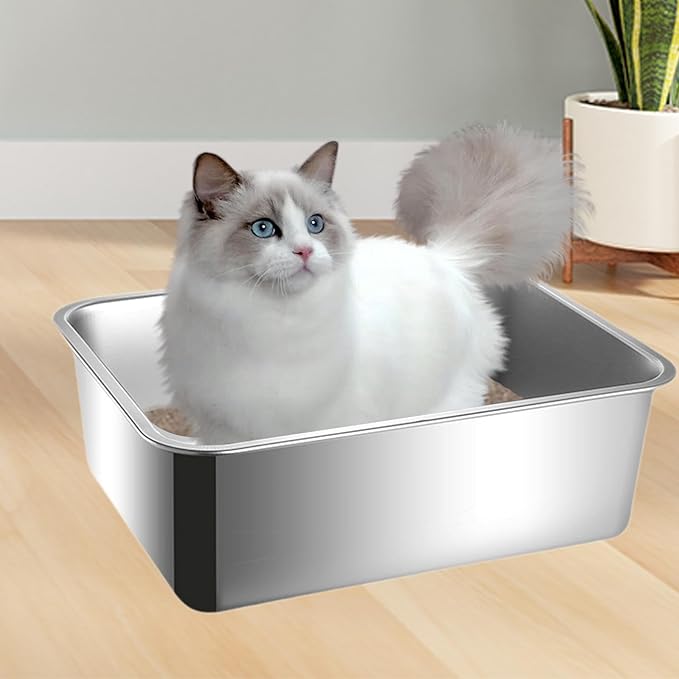 Stainless Steel Cat Litter Box Large Anti Splashing Non Stick Litter Tray Sand Container for Indoor Cats Kitten Toilet- Height 15cm