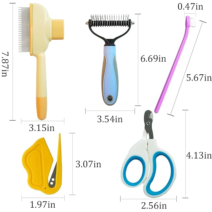 Cat Brush - 5 Pcs Pet Grooming Kit with Nail Clippers,Shedding Brush Toothbrush Long & Short Stainless Steel Teeth Knotting Comb Skin Friendly Deshedding Grooming Tool for Long Haired Cats