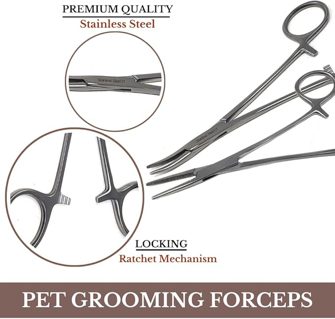 HTI Set of 2 Pcs Dog Cat Pet Hair Puller Remover Stainless Steel Hemostat Locking Forceps 5.5" Straight and Curved Full Serrated (Silver)