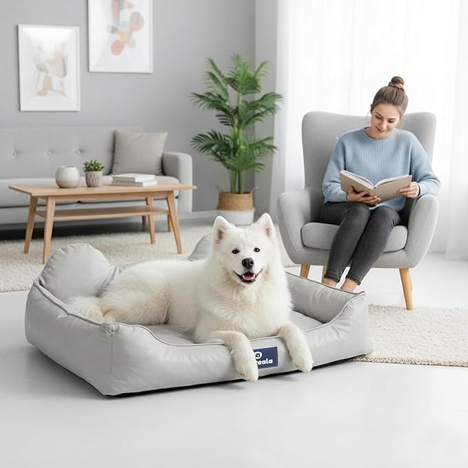 EarsUp Dog Bed 43Inch Leather Dog Sofa, Detachable Orthopedic Puppy Beds, Rectangle Pet with Non-Slip Bottom, Waterproof, Machine Washable (Gray)
