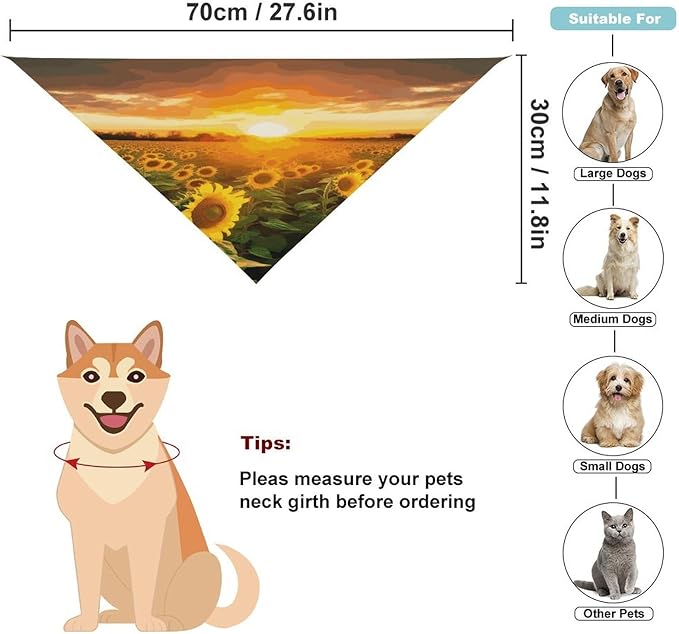 Dog Bandana Spring Pet Scarf Adjustable Triangle Sunflower Field Sunset Printing Dog Bib Washable Polyester Puppy Bandana for Small Medium Large Dogs Cat Birthday Party Supplies
