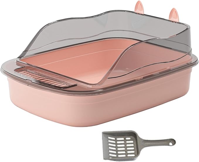 Large Open Cat Litter Box Cartoon Design, Heightened Splashproof Cat Sandbox Kitty Litter Pan Toilet Tray- Pink