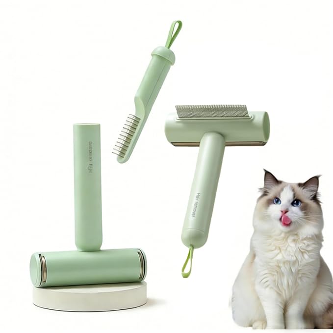 3-in-1 Pet Grooming Combs for Matted Hair Dogs/Cats,Stainless Grooming Comb with Short & Long Teeth,With a Lint Roller for Dust & Hair,Hidden Dematting Comb for Long Hair,Easy to Use and Clean Green