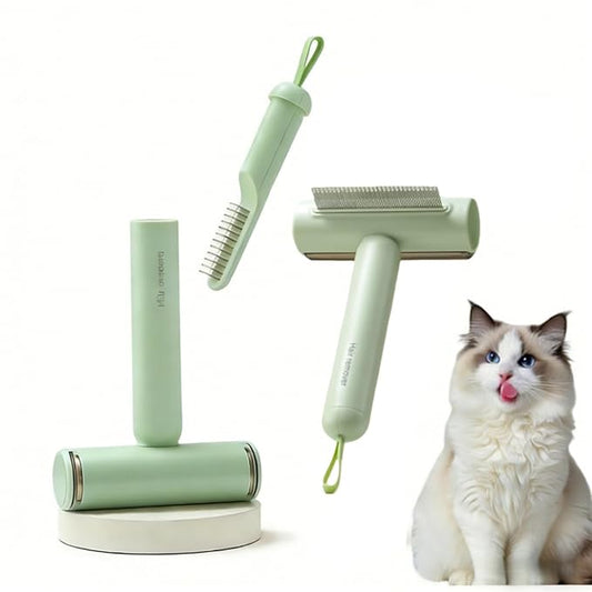 3-in-1 Pet Grooming Combs for Matted Hair Dogs/Cats,Stainless Grooming Comb with Short & Long Teeth,With a Lint Roller for Dust & Hair,Hidden Dematting Comb for Long Hair,Easy to Use and Clean Green