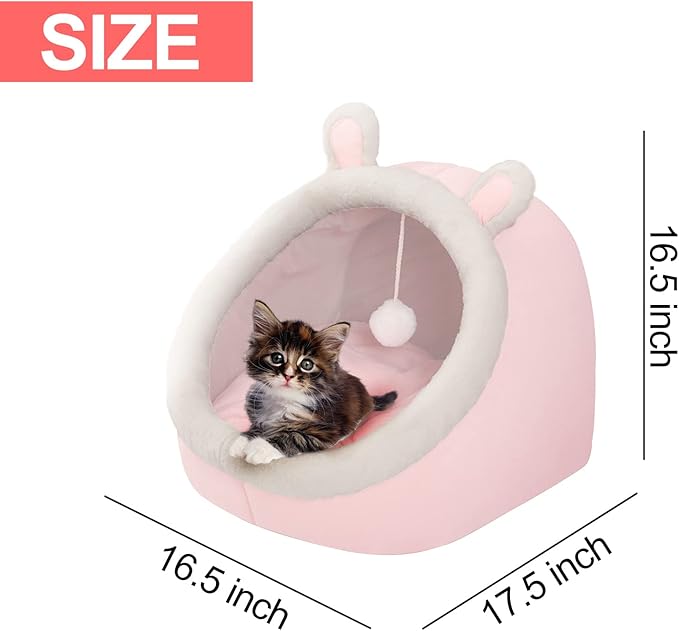 Andiker Cat Beds for Indoor Cats, Semi-Enclosed Cat Cave Bed with a Plush Ball Large Space for Cats to Sleep Soft and Comfortable Covered Cat Bed with a Washable and Detachable Mat (L, Pink)