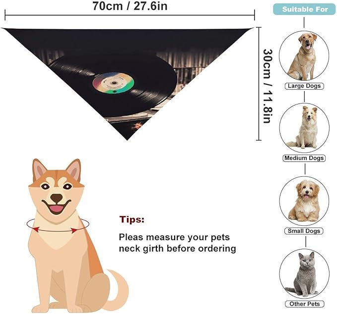 Dog Bandana Spring Pet Scarf Adjustable Triangle Vinyl Records Printing Dog Bib Washable Polyester Puppy Bandana for Small Medium Large Dogs Cat Birthday Party Supplies