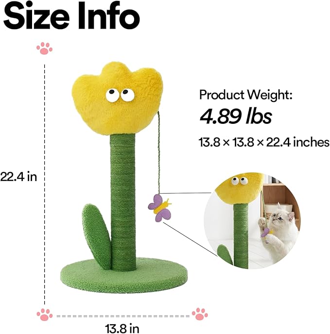 ZEZE Tulip Cat Scratching Post – Flower-Themed Cat Tree for Kittens & Adult Cats, Durable Sisal Rope Tower, Decorative Pet Furniture, Cute Home Design, Furniture Protection (Yellow)