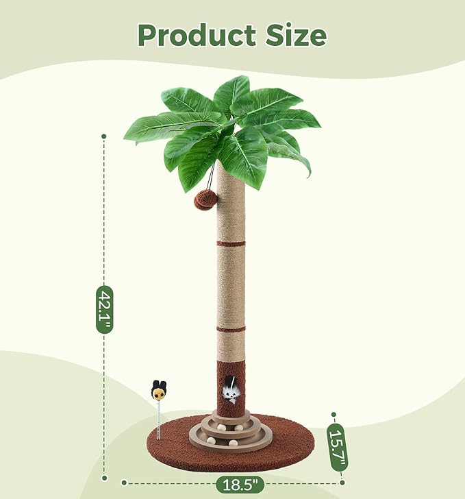 Made4Pets 42" Tall Cat Scratching Post with Sisal Rope, Interactive Hanging Balls, Toy Mouse and Two-Layer Ball Track Cat Toys, Palm Tree Cat Scratcher Tower for Indoor Cats and Kittens