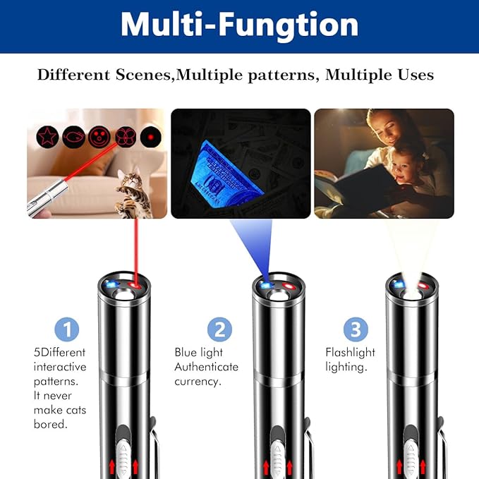 Laser Pointer Cat Toys, Cat Laser Pointer Toy with Three Light Modes, Five Adjustable Patterns,USB Portable Charging, Interactive cat Toy Multifunctional and Portable