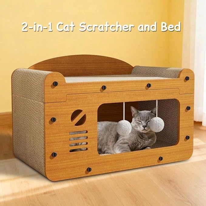 Multi-Function Cat Scratcher House Box,3-in-1 Scratch Pad and Soft Bed & Play Cave with Toys, Durable Build & Ideal for Cats/Kitty (Yellow,MD-TV)