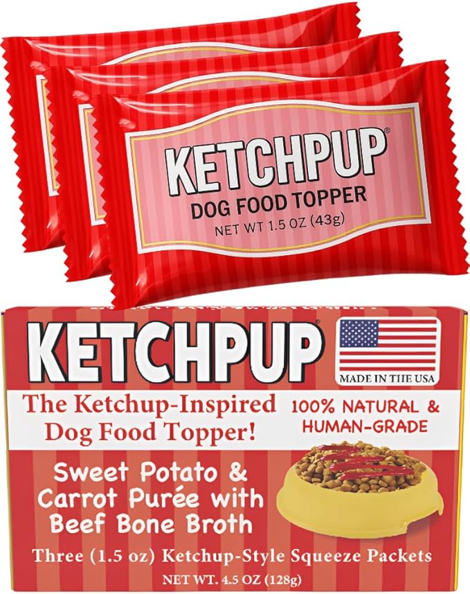 Natural Ketchup for Dogs, Human-Grade Dog Food Topper & Meal Enhancer, Sweet Potato, Carrot & Beef Bone Broth, USA Made, Packed with Vitamins & Fiber, 3 Pack, 1.5 oz Packets (4.5 oz Total)