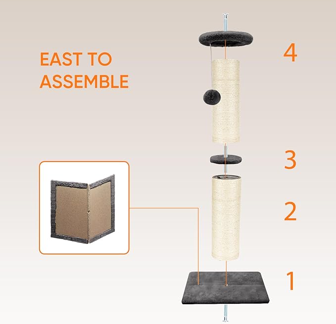 PAWSCRAT Cat Scratching Post 32" Tall, Large Diameter Natural Sisal Cat Scratch Post with Dangling Ball, Scratch-Resistant and Durable Tall Cat Scratcher for Indoor Cats, Protect Your Furniture, Grey