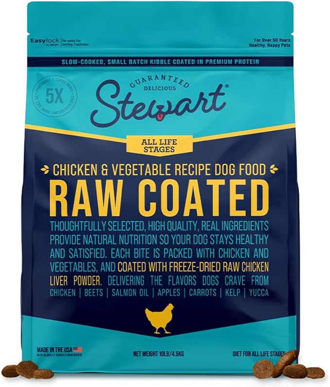 Stewart Raw Coated Dog Food, Chicken & Vegetable Recipe, 10 Pound Bag, Freeze Dried Chicken Liver Powder Coating