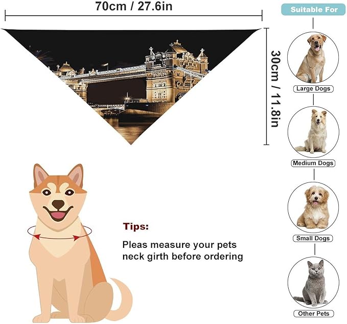 Dog Bandana Spring Pet Scarf Adjustable Triangle Night London Tower Bridge Printing Dog Bib Washable Polyester Puppy Bandana for Small Medium Large Dogs Cat Birthday Party Supplies