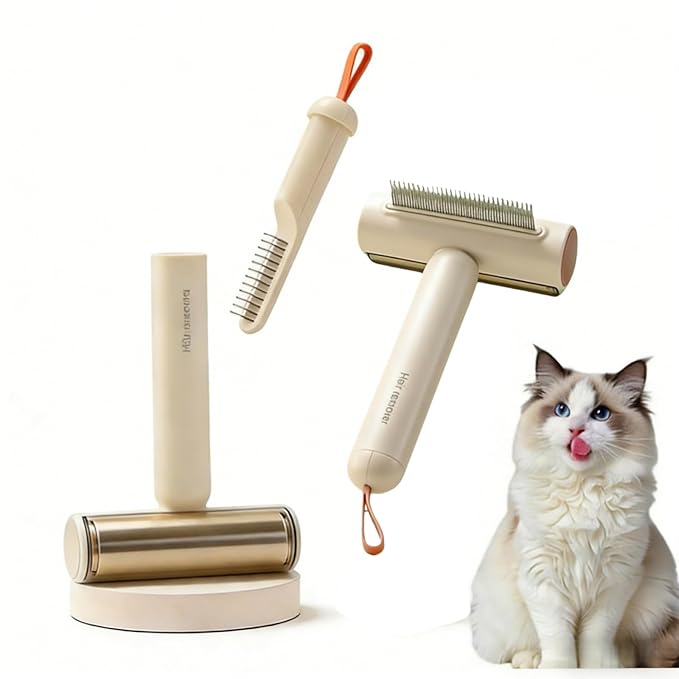 3-in-1 Pet Grooming Combs for Matted Hair Dogs/Cats,Stainless Grooming Comb with Short & Long Teeth,With a Lint Roller for Dust & Hair,Hidden Dematting Comb for Long Hair,Easy to Use and Clean Brown