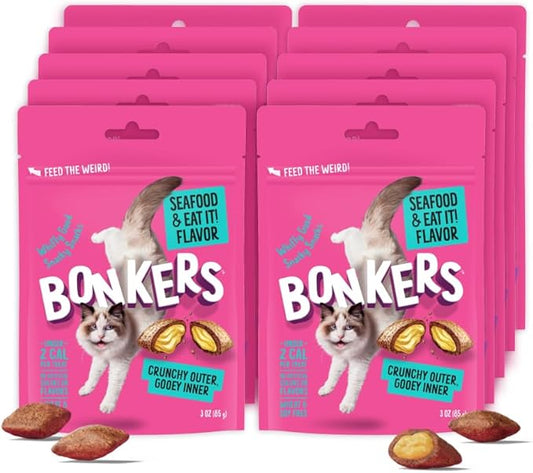 Bonkers Bites, Crunchy & Soft Seafood & Eat It! Flavor Cat Treats, Low Calorie Pet Treats, Training Treats or Food Topper, 3 OZ Resealable Bag for All Breeds and Ages, Value Pack (10 Pack)